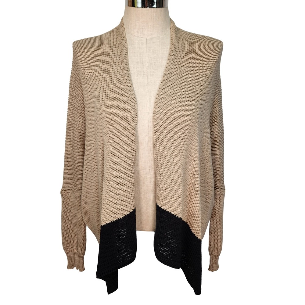 Wooden Ships Cardigan Beige Black Open Front Drop Shoulder Sweater Womens‎ S/M